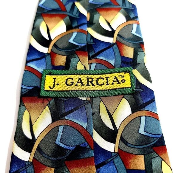 Vintage J. Garcia Collection 8 Clockworks Abstract Print Green Blue Silk Tie - Picture 3 of 7